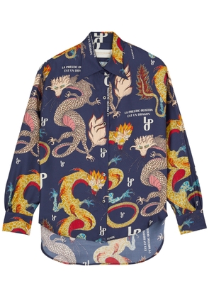 LA Prestic Ouiston Brooks Dragon Printed Silk-satin Shirt - Navy - 4