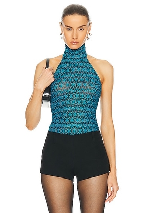 RTA Embroidered Mock Neck Bodysuit in Teal - Teal. Size 2 (also in 4, 6, 8).