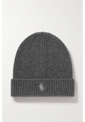 Sporty & Rich - Embroidered Ribbed Cashmere Beanie - Gray - One size