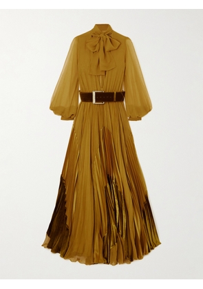 Sergio Hudson - Belted Pleated Satin-trimmed Silk-chiffon Maxi Dress - Yellow - US2,US4,US6,US8,US10,US12,US14