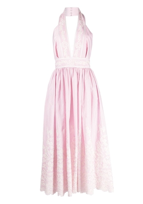 Elie Saab pinstripe floral-embroidered halterneck dress - Pink