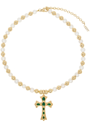 VEERT Gold & Green Freshwater Pearl Cross Necklace