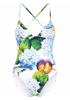 Dolce & Gabbana floral-print crossover strap swimsuit - White