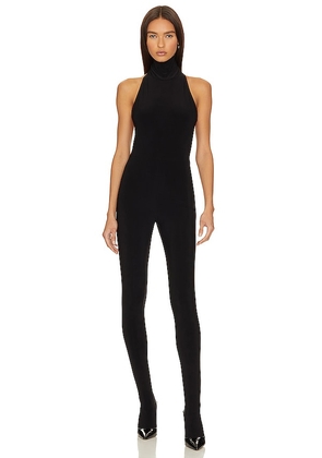 Norma Kamali X Revolve Halter Turtle Catsuit With Footsie in Black. Size L, S, XL, XS.