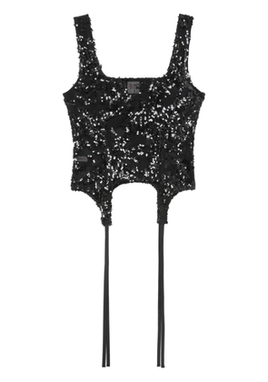 yuhan wang sequin-embellished square-neck tank top - Black