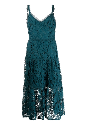 Marchesa Notte floral-print ruffle-trim tiered long dress - Blue