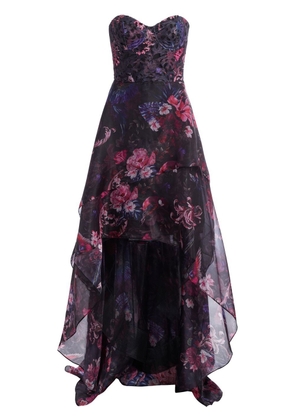 Marchesa Notte floral-print high-low evening gown - Black