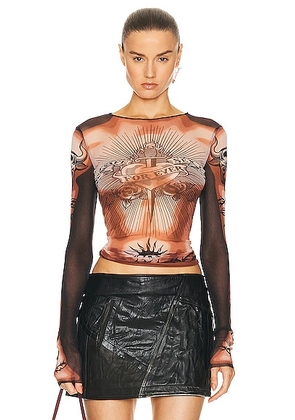 Jean Paul Gaultier Printed Safe Sex Tattoo Long Sleeve Crew Neck Top in Nude  Brown  & Black - Brown. Size XS (also in ).