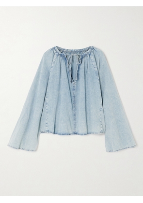 FRAME - Gathered Cotton And Linen-blend Chambray Blouse - Blue - xx small,x small,small,medium,large,x large