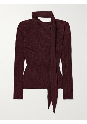 Rabanne - Tie-detailed Metallic Plissé-knit Sweater - Red - x small,small,medium,large,x large