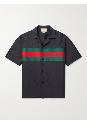 Gucci - Camp-Collar Logo-Jacquard Twill-Trimmed Satin Shirt - Men - Black - IT 46