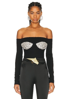 AREA Off Shoulder Crystal Cup Bustier Top in Black - Black. Size XS (also in M, S).