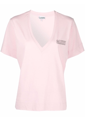 GANNI logo-print V-neck T-shirt - Pink