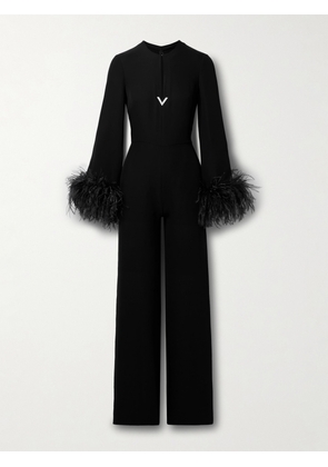 Valentino Garavani - Cutout Embellished Feather-trimmed Silk Jumpsuit - Black - IT36,IT40,IT42,IT46