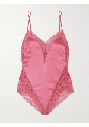 Fleur du Mal - Venus Lace-trimmed Silk-blend Satin Bodysuit - Pink - x small,small,medium,large