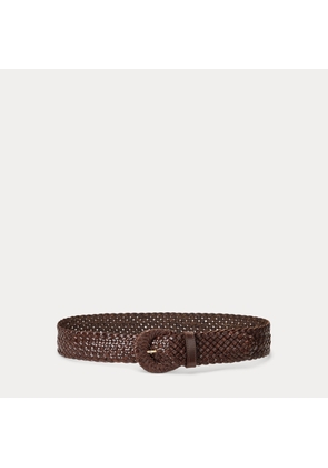 Crescent-Buckle Woven Leather Wide Belt
