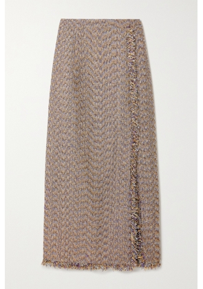 Huishan Zhang - Gia Wrap-effect Fringed Metallic Tweed Midi Skirt - Purple - UK 6,UK 8,UK 10,UK 12,UK 14,UK 16