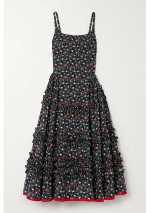 Molly Goddard - Ruby Tiered Ruffled Satin-trimmed Floral-print Cotton Midi Dress - Black - UK 6,UK 8,UK 10,UK 12,UK 14