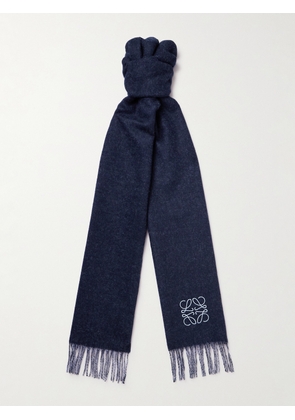 LOEWE - Fringed Logo-Embroidered Two-Tone Wool and Cashmere-Blend Scarf - Men - Blue