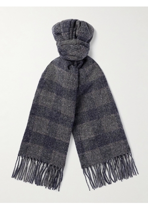 Brunello Cucinelli - Fringed Checked Knitted Scarf - Men - Blue