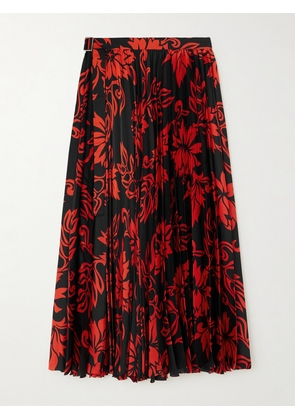 Sacai - Pleated Floral-print Satin Midi Skirt - Red - 1,2,3,4