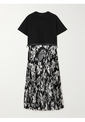 Sacai - Cotton-jersey And Pleated Floral-print Satin Midi Dress - Black - 1,2,3,4