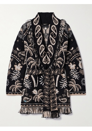 Alanui - Lush Nature Belted Fringed Jacquard-knit Cotton And Wool-blend Cardigan - Black - x small,small,medium,large,x large