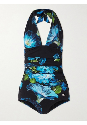 Dolce & Gabbana - Ruched Floral-print Halterneck Swimsuit - Blue - 1,2,3,4,5