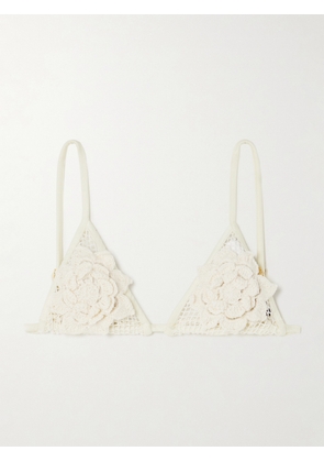 PatBO - Appliquéd Embellished Crocheted Cotton Triangle Bikini Top - Ivory - x small,small,medium,large,x large