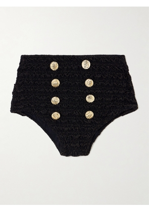 PatBO - Button-embellished Metallic Crinkled Stretch Bikini Briefs - Black - x small,small,medium,large,x large