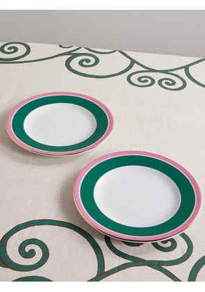 La DoubleJ - Set Of Two 26cm Printed Gold-plated Porcelain Dessert Plates - Green - One size