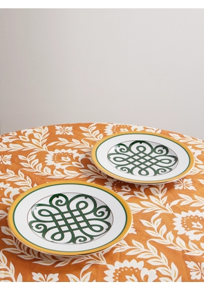 La DoubleJ - Set Of Two Gold-plated Painted Porcelain Dinner Plates - Green - One size