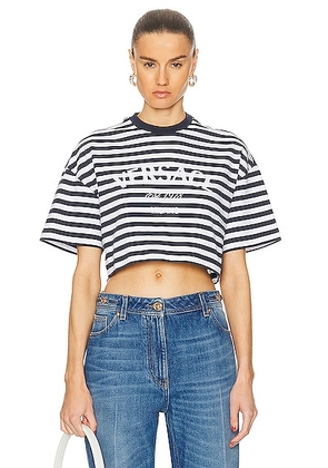 VERSACE Nautical Striped Tee in White & Navy - Navy. Size 36 (also in 38, 40, 42).