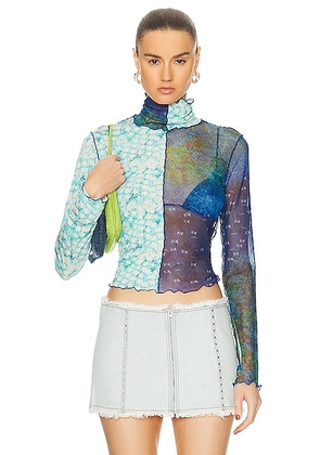 SIEDRES Cody Mesh Printed Turtleneck Top in Multi - Blue. Size XS (also in L, M, S).