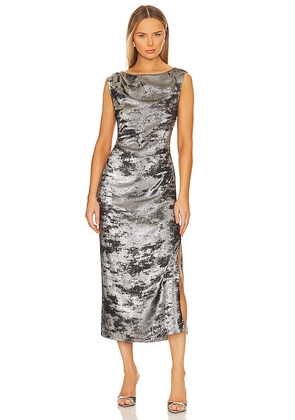 Brochu Walker Trey Draped Waist Dress in Metallic Silver. Size M, S.