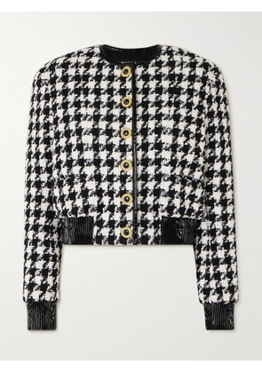 Balmain - Button-embellished Faux Patent Leather-trimmed Houndstooth Tweed Jacket - Black - FR34,FR36,FR38,FR40,FR42,FR44,FR46
