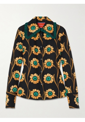 La DoubleJ - La Comasca Floral-print Ruffle-trimmed Crepe Shirt - Black - xx small,x small,small,medium,large,x large,xx large
