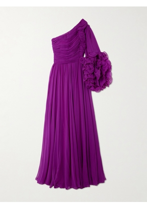 Costarellos - Aziza One-sleeve Ruffled Gathered Silk-georgette Gown - Purple - FR34,FR36,FR38,FR40,FR42,FR44,FR46