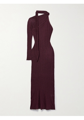 Rabanne - One-sleeve Tie-detailed Metallic Plissé-knit Maxi Dress - Red - x small,small,medium,large,x large