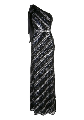 Marchesa Notte sequin-embellished striped one-shoulder gown - Black