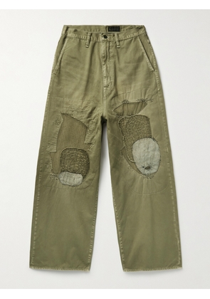 KAPITAL - Katsuragi Port Wide-Leg Patchwork Distressed Cotton-Twill Trousers - Men - Green - 2