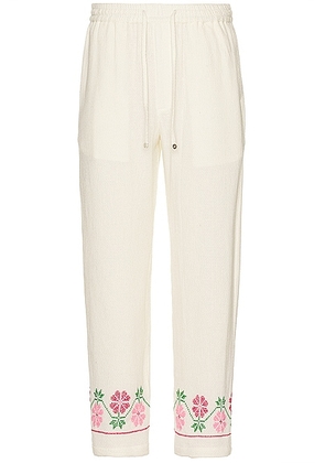 HARAGO Floral Embroidered Pants in Off White - White. Size M (also in L, XL/1X).