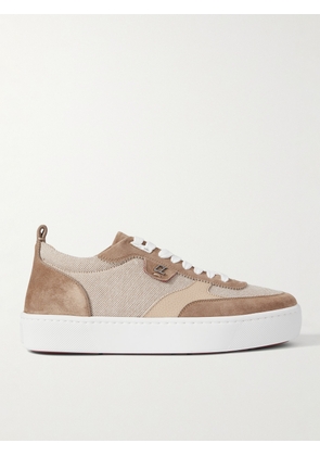 Christian Louboutin - Happyrui Spiked Leather-Trimmed Canvas and Suede Sneakers - Men - Brown - EU 40