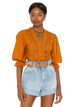 Free People Louella Embroidered Top in Orange. Size M.