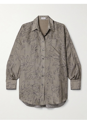 Brunello Cucinelli - Bead-embellished Floral-print Silk-charmeuse Shirt - Green - xx small,x small,small,medium,large,x large,xx large
