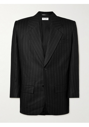 SAINT LAURENT - Silk-Trimmed Pinstriped Wool and Cotton-Blend Blazer - Men - Black