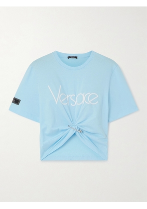 Versace - Cropped Embellished Knotted Cotton-jersey T-shirt - Blue - IT36,IT38,IT40,IT42,IT44,IT46,IT48,IT50