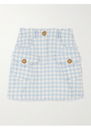 Balmain - Button-embellished Frayed Gingham Cotton-blend Tweed Mini Skirt - Blue - FR34,FR36,FR38,FR40,FR42,FR44,FR46