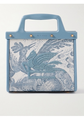 Etro - Love Trotter Small Leather-trimmed Embroidered Jacquard-denim Tote - Blue - One size