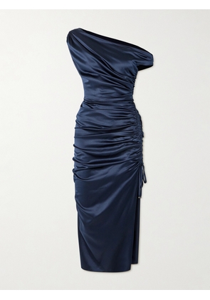 Veronica Beard - Kadie Asymmetric Ruched Stretch-silk Satin Midi Dress - Blue - US0,US2,US4,US6,US8,US10,US12